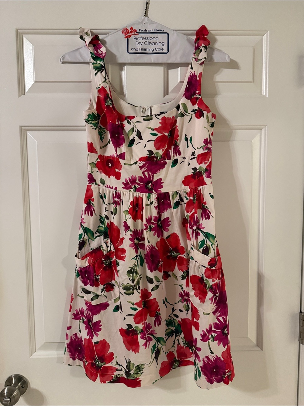 B. Smart Cream Floral Tie-Strap Sundress in Red & Pink
